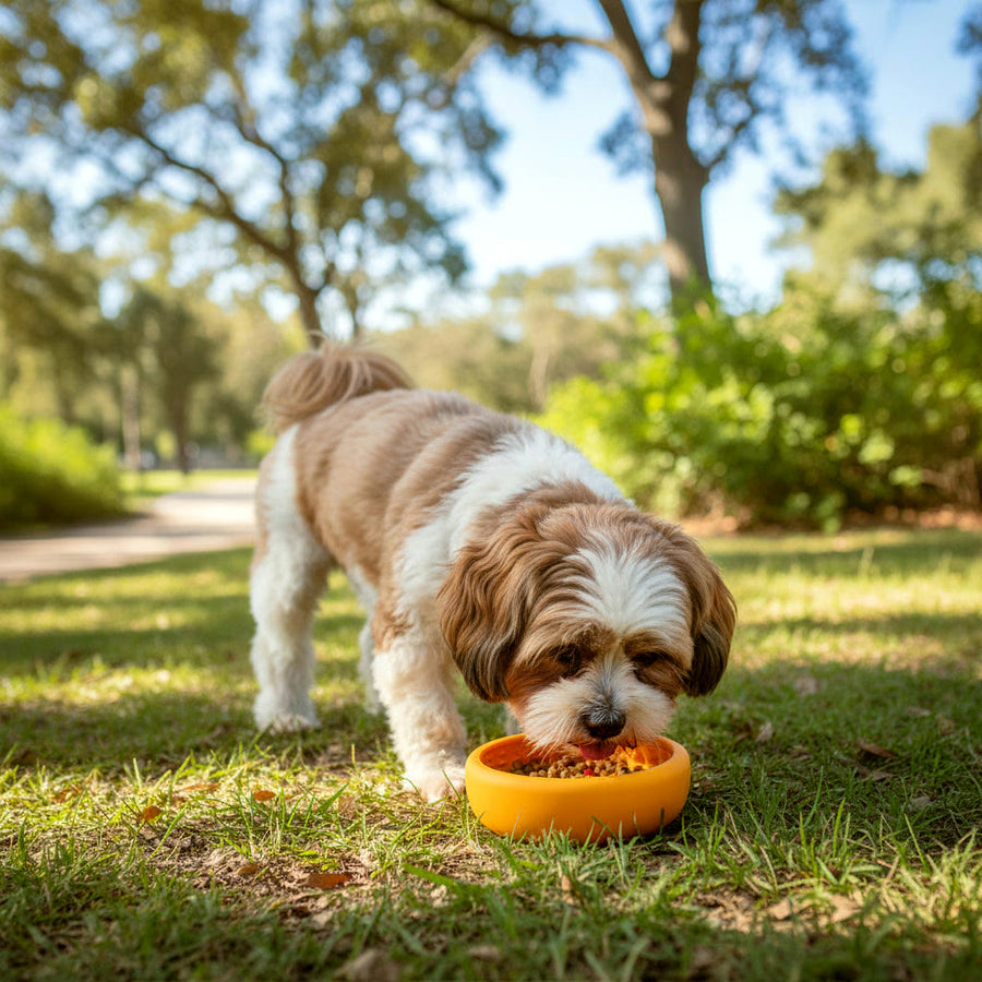 Chien qui mange dans sa gamelle Gouloo